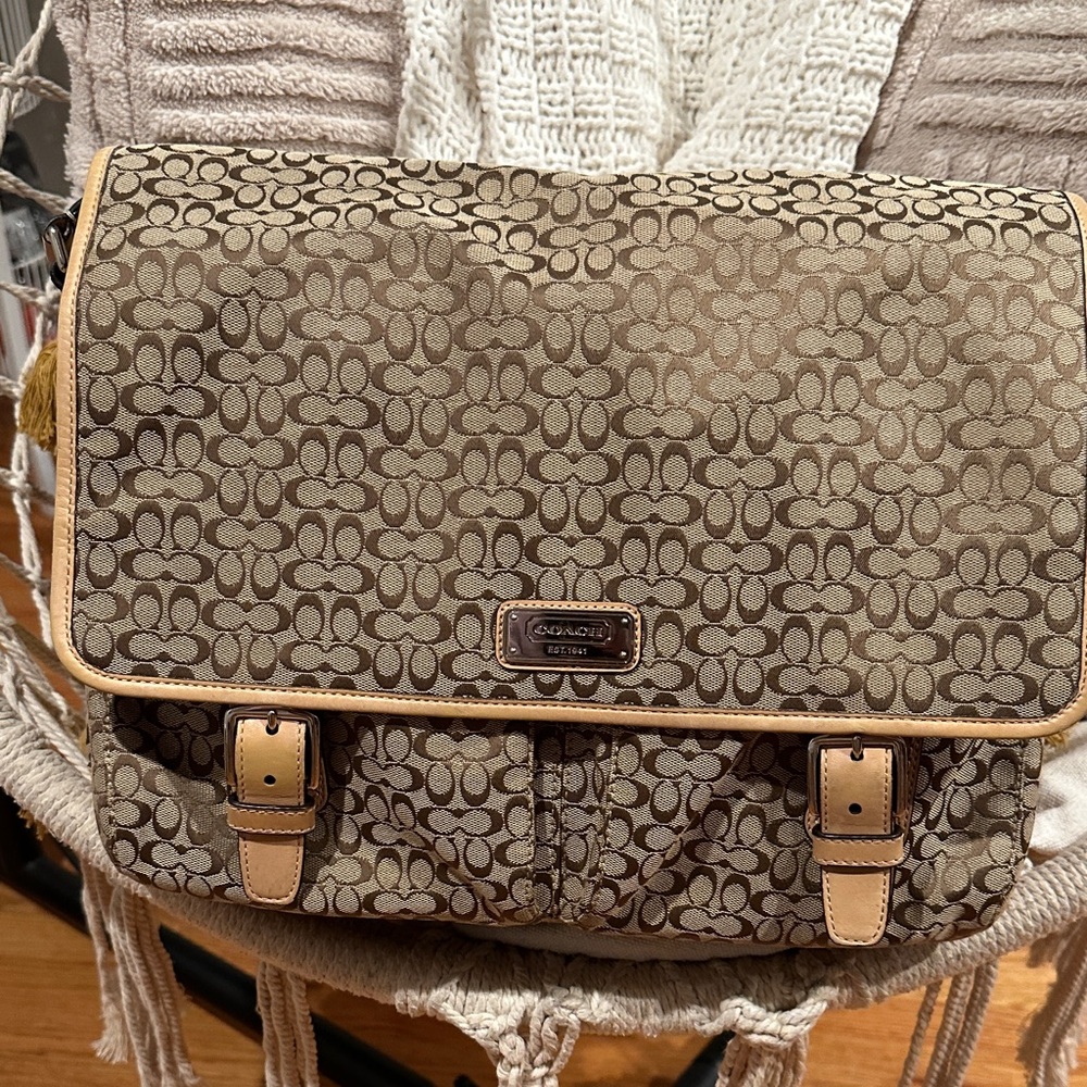 Coach Tan and Brown Signature Messenger Bag